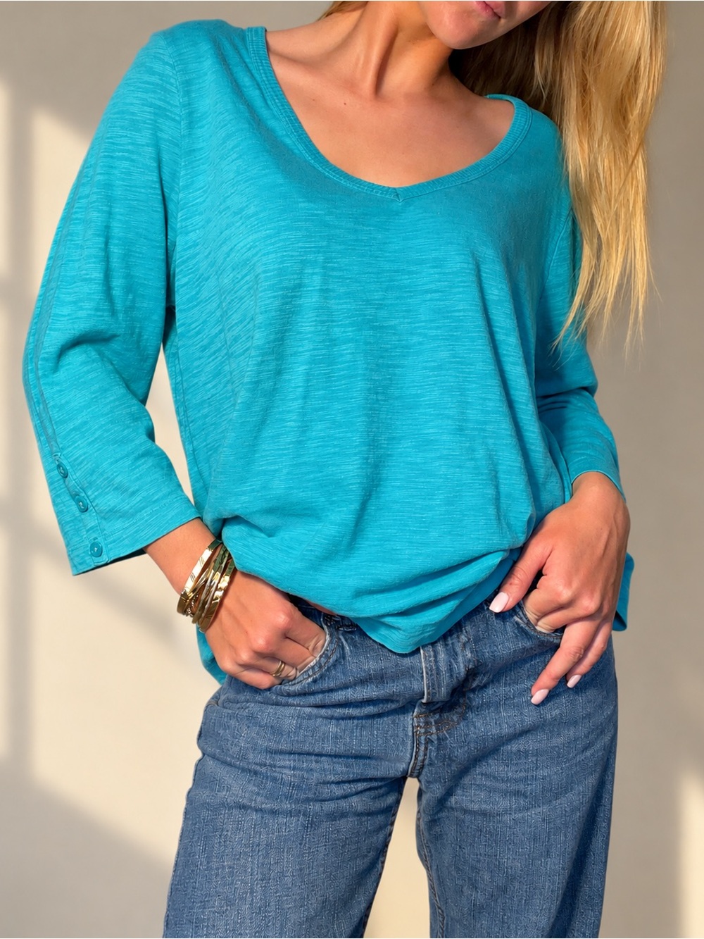 Chico’s Teal Quarter-Sleeve V-Neck Top – Size 2